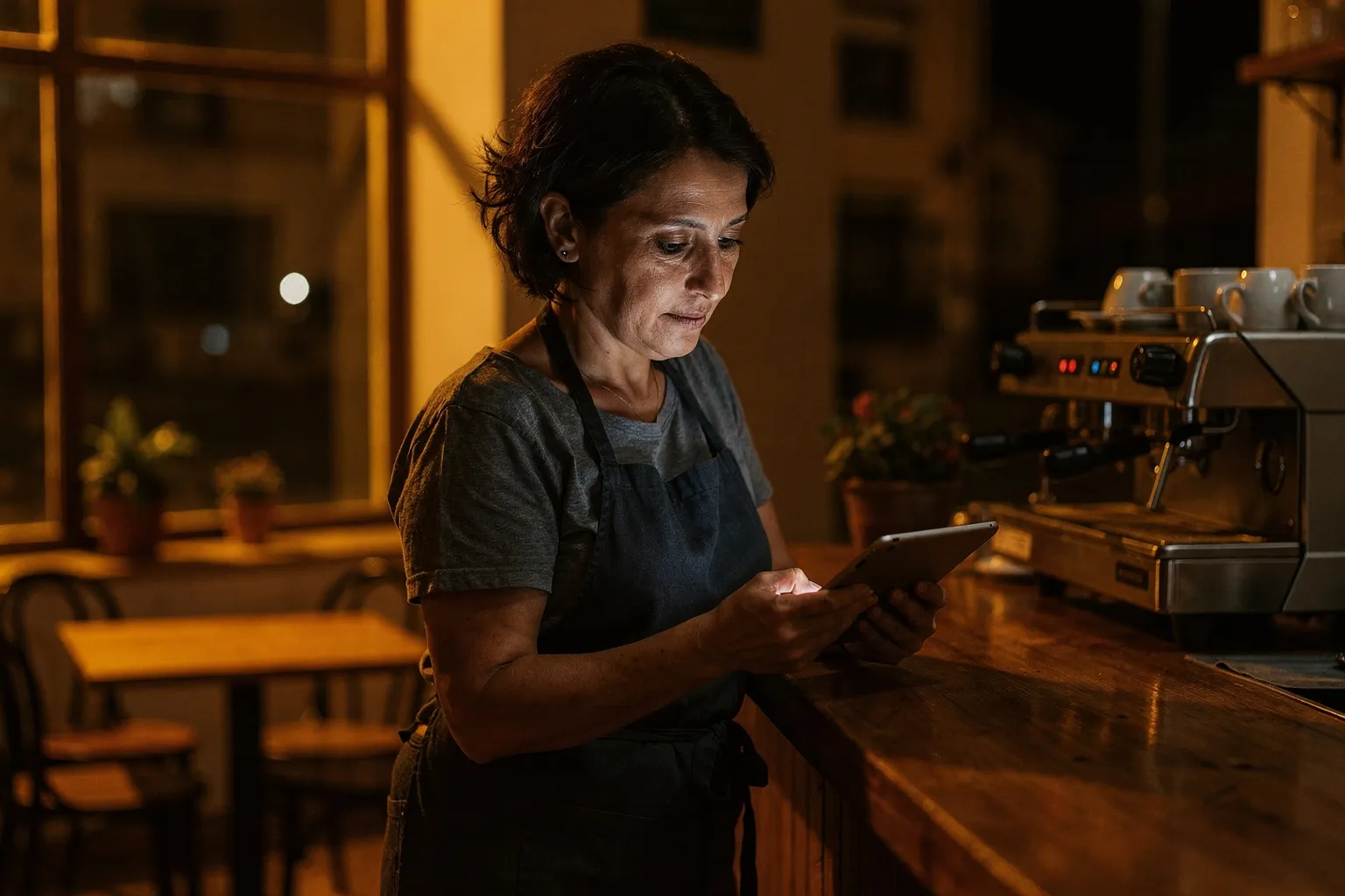 Dueña de una cafetería leyendo una tableta en la barra tras cerrar, con las sillas sobre las mesas