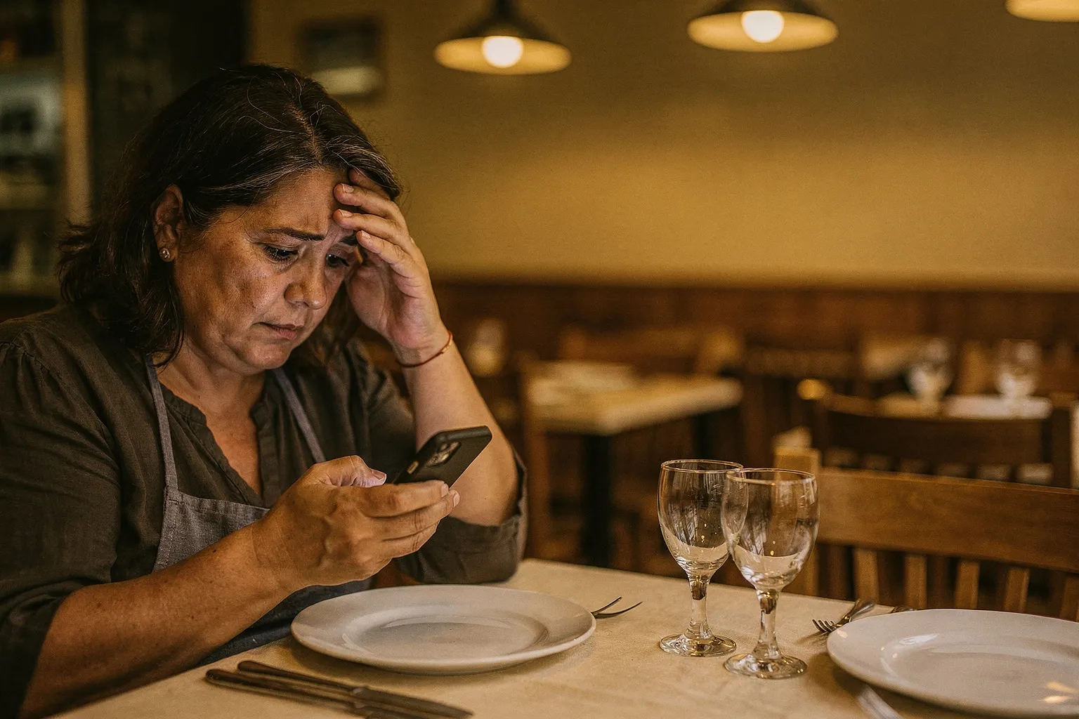 Propietaria de un restaurante leyendo el móvil con preocupación en el comedor vacío antes del servicio
